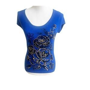 Cache Vintage Y2K Floral Beaded Floral Tee Shirt Top Royal Blue Size Small